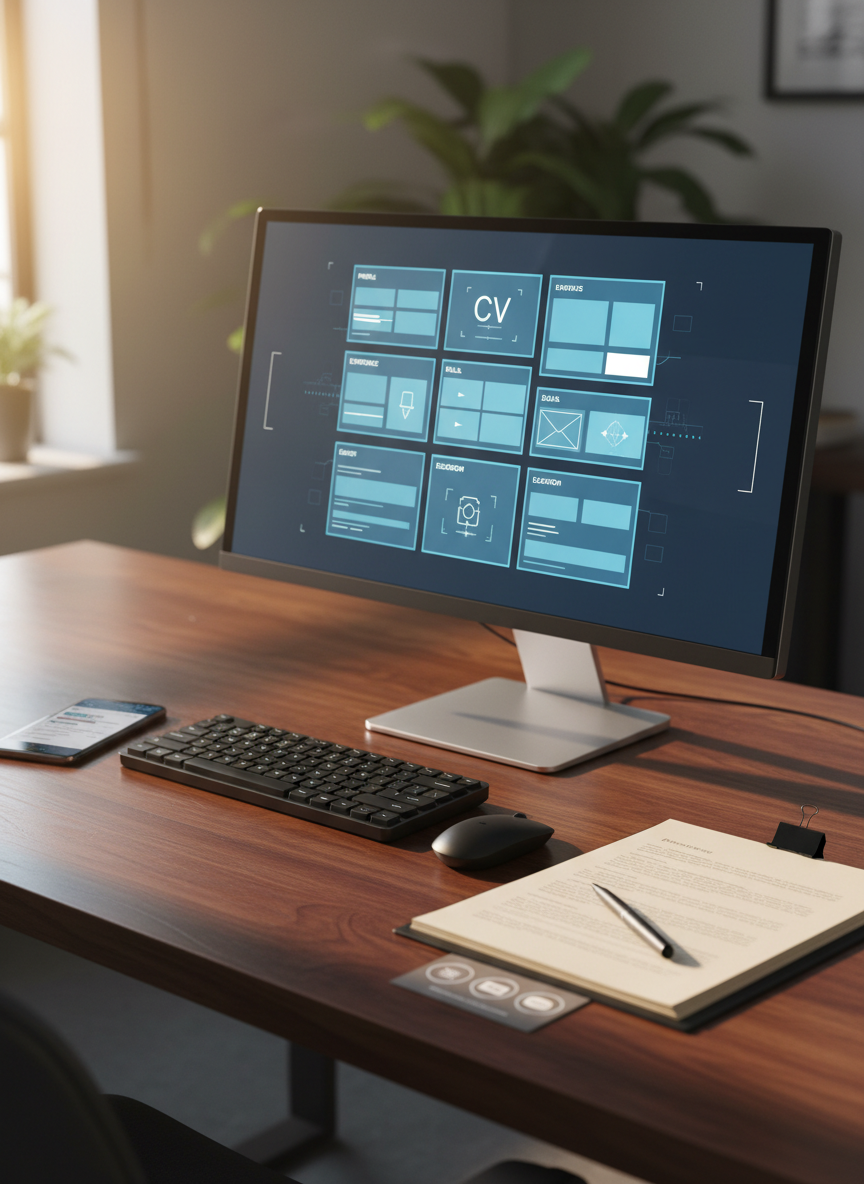 A close-up of a polished wooden desk prepared for an IT job application session, with a high-resolution monitor displaying a clean, modern CV layout in English represented through carefully arranged rectangles and icons instead of readable text. Beside the keyboard lies a neatly clipped packet of application documents, a sleek pen, and a subtle checklist card with abstract symbols for portfolio, email, and interview preparation. A smartphone on the side shows a blurred email interface, hinting at clients specifying services before booking. Soft late-afternoon window light casts refined highlights on the paper edges and keyboard, creating a calm, focused mood. Photographic realism, shallow depth of field, and a professional, minimal aesthetic emphasize precision and readiness.