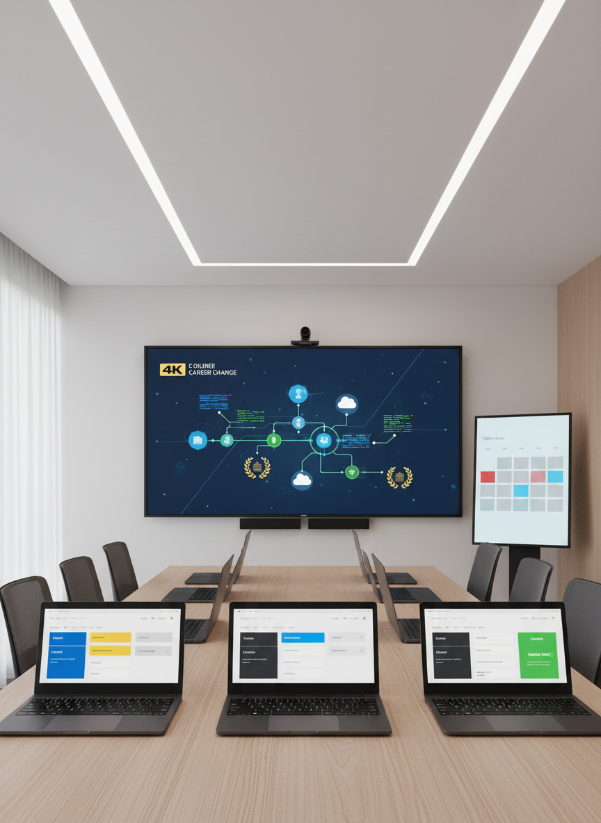 An inviting training room setup for an online IT career change course, featuring a large wall-mounted 4K display showing a stylized, text-free interface of coding exercises, cloud icons, and career milestones arranged like a roadmap. On the central table, several open laptops display different stages of an e-learning platform, with color-coded sections implying specific services selected and confirmed. Discreet digital signage on a side screen visually suggests a calendar with 24-hour blocks for cancellation and rescheduling, without visible text. Soft overhead LED lighting and diffused window light produce a bright, focused atmosphere. Photographic realism, shot from a slightly elevated angle, with balanced composition that feels structured, efficient, and highly professional.