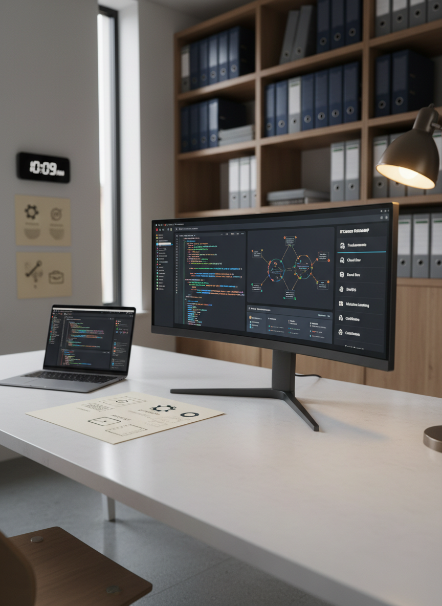A sleek, modern home workspace dedicated to learning IT skills, with a large ultra-wide monitor on a clean white desk displaying a colorful dashboard of code editors, diagrams, and a structured career roadmap. A slim laptop lies open beside a neat stack of application documents labeled subtly with English headings as graphical icons, and a minimalist digital clock on the wall hints at careful time management. Soft daylight from a side window and a warm desk lamp create balanced, professional lighting with gentle shadows. Photographic realism, eye-level perspective, and a shallow depth of field keep the main screen in crisp focus while the background shelves with organized folders suggest structured, professional career change support.